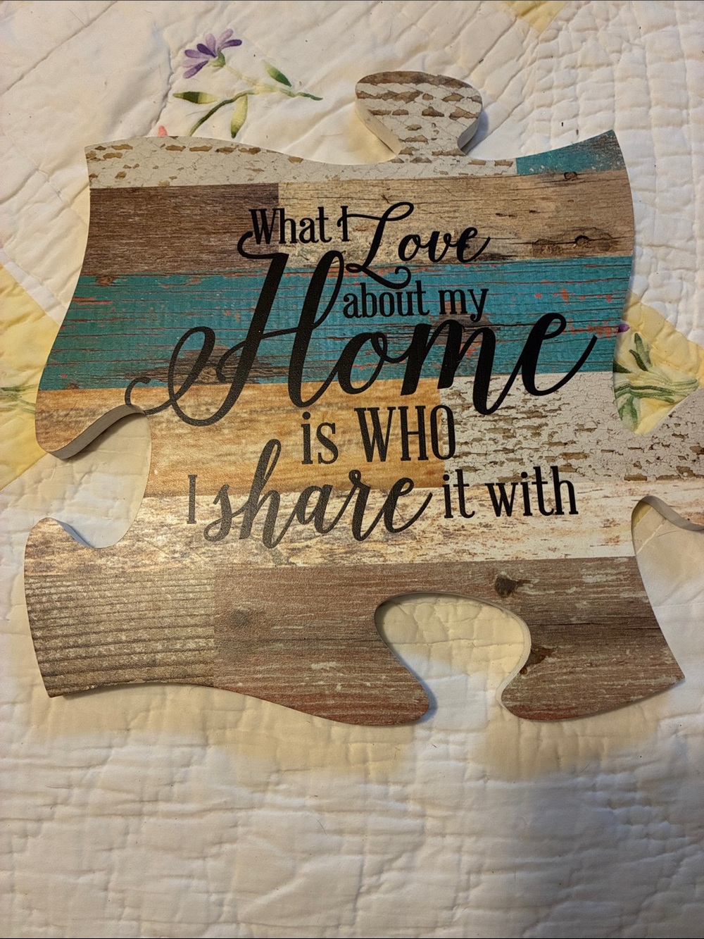 Rustic Teal and Wood Puzzle-Shape Wall Sign - 'What I Love About My Home'